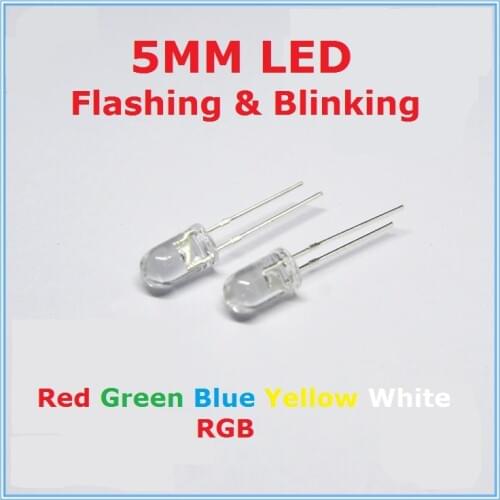 100PC Blinking 5mm Flashing LED Diode Flash RGB Transparent Multicolor Flicker Round 5 mm Light-Emitting Diode Red Yellow Blue