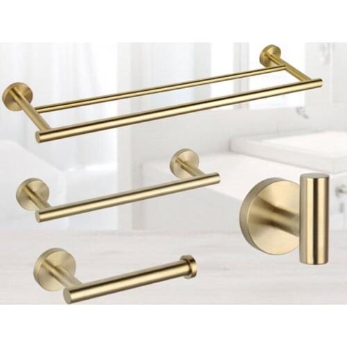 Wall Mounted 4 Piece Bathroom Accessories Set (Double Towel Bar, Toilet Paper Holder,Towel Hooks,Single Towel Bar), Gold