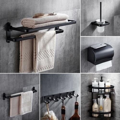 Modern Black Space Aluminum Bathroom Accessories Set Towel Shelf Towel Bar Paper Holder Cloth Hook Bathroom Hardware