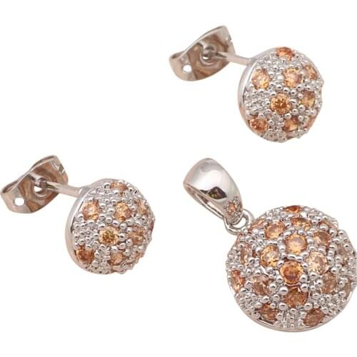 Pave Setting Round Pendants Earrings Set AAA Champagne Zirconia Silver Stamped Fashion Jewelry Set MS020A