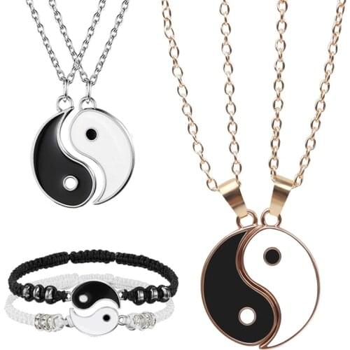 2pcs Bracelets Hematite Leather Cord Braid Chain Bracelet Necklace Chinese Tai Chi Pendant Woven Lover Couple Bracelet Set Gift