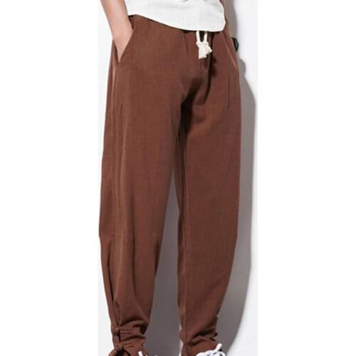 Casual Men Pants Drawstring Pockets Ankle Tie Cotton Linen Plus Size Loose Harem Pants 2021