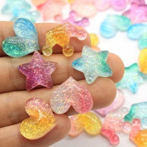 Assorted Resin Glitter Flatback Cabochons Rainbow Flat Back Heart Crown Star Cabochons Cute Bling Cabs Hair Bow Center