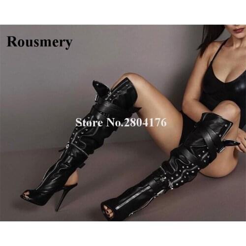 Top Selling Women Sexy Open Toe Zipper Design Knee High Motorcycle Boots Removable High Heel Loose Long Boots