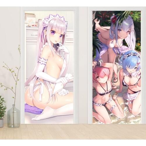 Sexy anime girls Door Sticker DIY Renovation Self Adhesive Boys Room Miku Re:Zero Rem Mural Waterproof Prints Decals Picture
