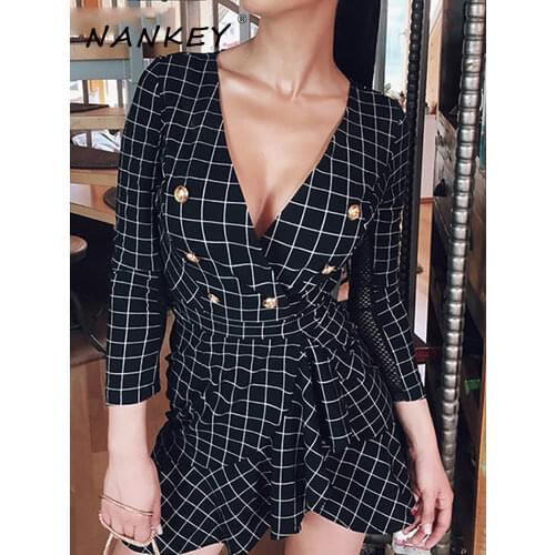 NANKEY Grid Mesh Sleeve Button Detail Flutter Hem Dress Ruffles Plaid Black Sexy Dresses Vneck Short Fashion Mini Dress