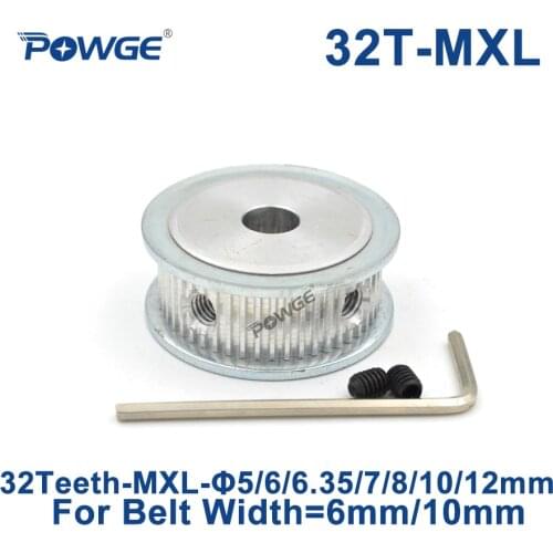 POWGE Trapezoid 32 Teeth MXL Timing pulley Bore 5/6/6.35/7/8/10/12mm for width 6mm 10mm MXL Synchronous Belt Gear 32teeth 32T