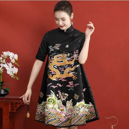 Spring And Summer Fine Embroidered Dragon Short Sleeve + Single-Breasted Loose Chinese Style Party Dress Plus Size S-3XL
