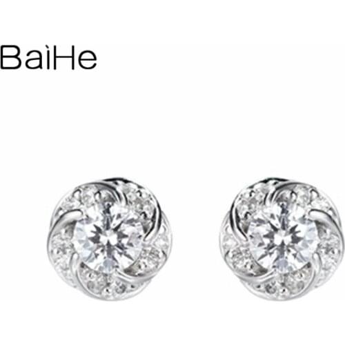 BAIHE Genuine Solid 14K White Gold 0.18ct H/SI Natural Diamond Engagement Trendy Fine Jewelry Flower Stud Earrings Women Cерьги