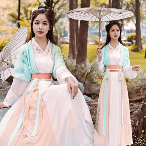 Chinese Hanfu Women Classical Dance Costume Embroidery Festival Outfit Folk Performance Clothes Fairy Dress 3 Pcs Set DF1041