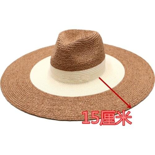 202104-gaoda-pinshe new summer raffia grass patchwork paper wind big brim beach lady fedoras cap women panama jazz hat