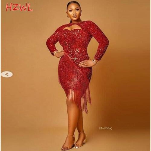 Aso Ebi African Plus Size Prom Dresses 2021 Red Sequined Long Sleeves Short Evening Gowns With Tassel S Zipper Back Formal Party
