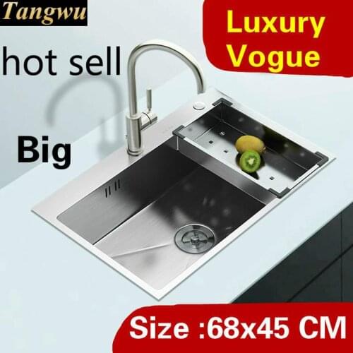 Free shipping Apartment luxury big kitchen manual sink single trough high quality 304 stainless steel hot sell 68x45 CM