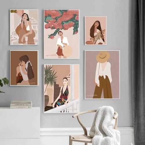 Boho Fashion Plants with Woman Illustration Prints Abstract Girl Retro Canvas Posters Nordic Wall Art Pictures Livingroom Decor