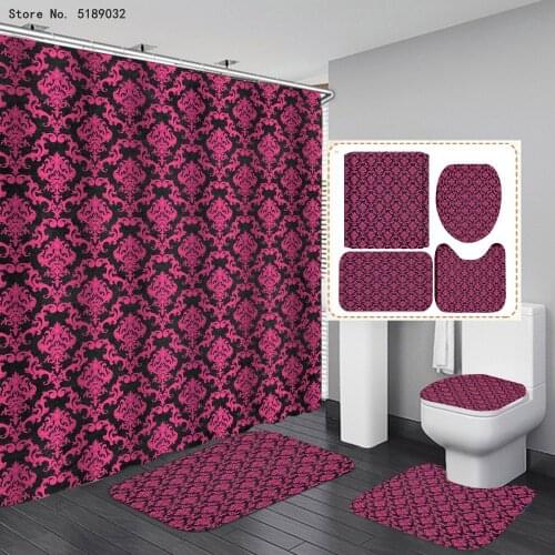 European Flower Bath Rug Carpet Toilet Lid Cover Waterproof Shower Curtain and 12 Hooks Retro Floral Bathroom Decor Set 4 Piece