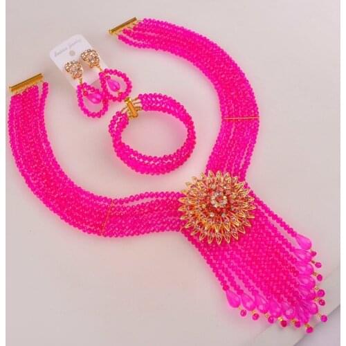 Fuchsia Pink Nigerian Wedding African Beads Jewelry Set for Women Beaded Necklace Sets