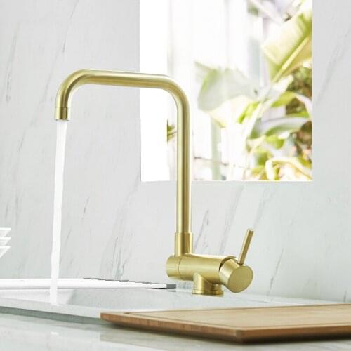 Brushed Gold Sink Faucet Splash-proof Kitchen Hot and Cold Stainless Steel Faucet Rotary Pressurized Single Handle Water Tap