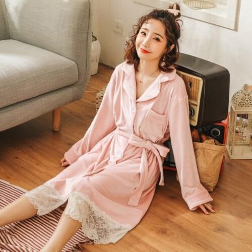 New Winter Simple Lace Silver Fox Velvet Princess Dress Comfortable and Sweet Long Sleeve Open Button Home Nightgown Pajamas