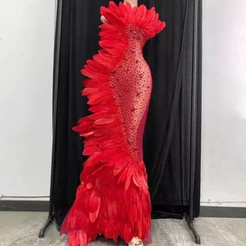 New arrival red feather dress women crystal rhinestone pearl designer dresses runway party club See through mesh sexy robe stage