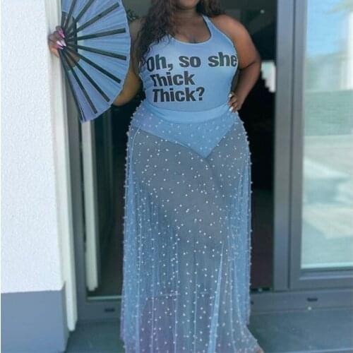 New Women Sleeveless Summer Sexy Mesh Skirt Set Plus Size Sets Two Piece Set Bodycon Bodysuit Transparent Dropshipping