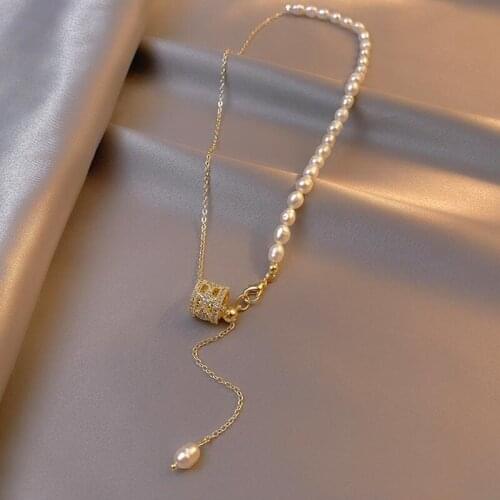 Origin Summer Charming Circular Geometry Pendant Necklace for Women Asymmetry Beaded Imitation Pearl Rhinestone Necklace Jewelry