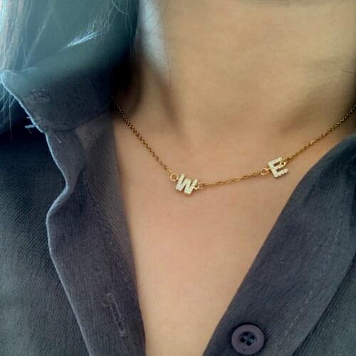 DIY 2 Letters Name Initial Letters Link Choker Necklace Womem Men Trendy Micro Pave CZ Alphabet Charm Steel Chain Jewelry