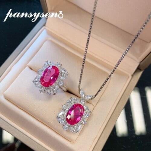 PANSYSEN 100% Sterling Silver 925 Jewelry Sets Oval Cut Ruby Simulated Moissanite Gemstone Necklace Ring Set Bridal Wedding Gift