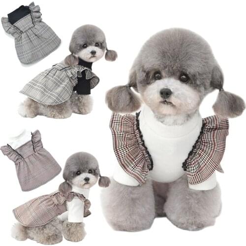 Dog Dress Autumn Winter Fake Two Plaid Cat Dog Dresses Skirt Outdoor Pet Clothing Yorkshire Pomeranian Poodle Bichon Dog Clothes