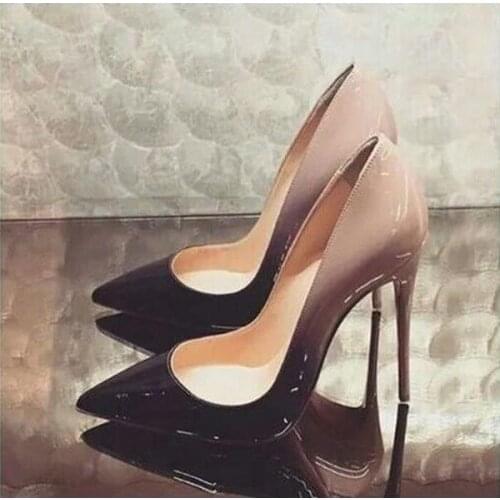 Gradient Colors Female Heel Bride Shoes Sexy Pointed Toe Patent Leather High Heels Pumps 12cm Dress Shoe Patchwork Stiletto Heel