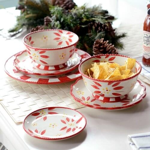 Japanese Ceramic Dinnerware Set Rice Bowl Round Plate Home-use Dessert Tray Dinner Plates Retro Flower Food Container Tableware