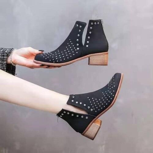 2021 Women Ankle Boots Mid Heels Platform Hollow Out Ladies Shoes Spring Autumn Low Heels Strap Vintage Boots