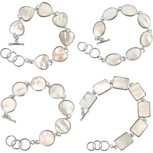TUMBEELLUWA White Abalone Shell Sliver Plated Bracelet for Women ,Adjustable Link Bangle Assorted Shapes Fashion Jewelry