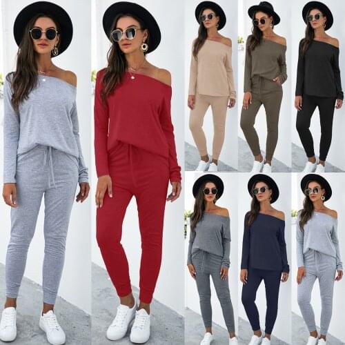Women Long Sleeve Off Shoulder 2 Piece Set Autumn Winter New Solid Casual Loose T-shirt+Trouser Suit Streetwear Drawstring Femme