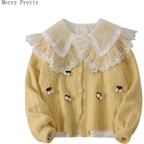 Womens Sets Lace Ruffles Patchwork Sailor Collar White Blouses And V-Neck Appliques Knitted Sweaters 2021 Spring Two Piece