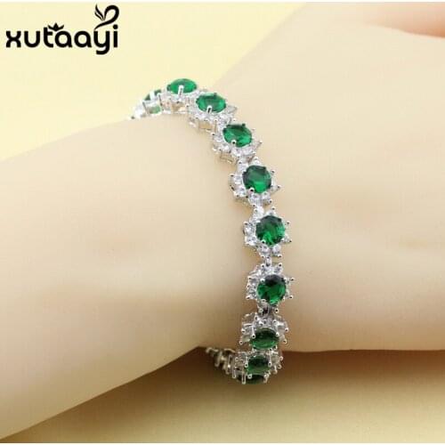 Top Quality Fashion Green Created Emerald Silver colorOverlay Bracelet For Women Adjustable Link Chain Bracelet Length 18+2 cm