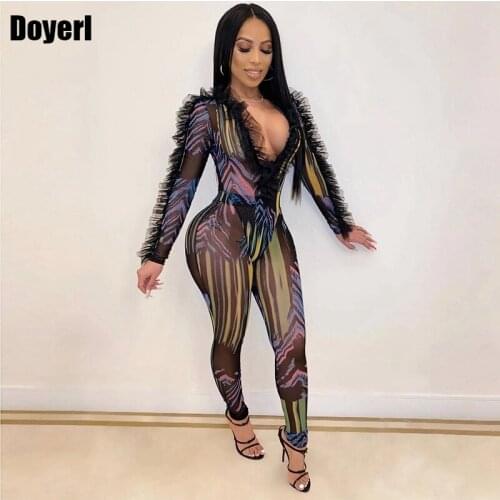 Mesh Sexy 2 Piece Sets Women Outfits Ruffle Crop Top Bodysuit and Bodycon Pants Suit Set Festival Club Party Two Piece Women Set