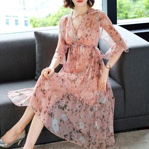 Imitate Real Silk Dress 2019 New Autumn Summer V-neck Broken Flowers Women Dresses Fashion Casual Elegant Dress Female vestidos
