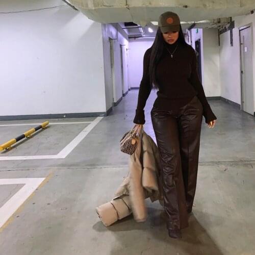 2 Colors Front Stitching Straight Cut Fleece High Quality Imitation Sheepskin High Waist Casual Leather Pants Thickening