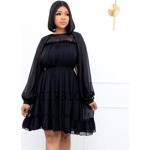 Long Sleeve African Dresses for Women 2021 Summer African Women O-neck Black Dress African Clothes Women