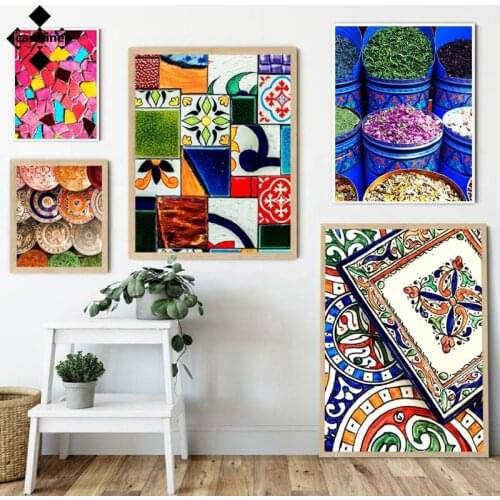 Boho Wall Art Canvas Painting Moroccan Wall Art Decoration Vintage Pattern Colourful Posters and Print Travel Photography Decor