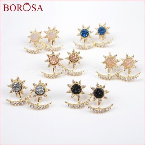BOROSA 5Pairs Gold Bezel CZ Micro Pave Crystal Stars&Moon Crescent Star Rainbow Gold Druzy Multi-Purpose Stud Earrings ZG0248