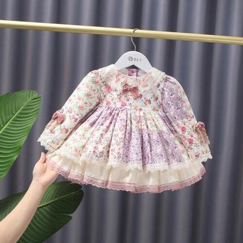 Autumn Baby Spanish Lolita Princess Ball Gown Lace Bow Print Long Sleeve Dresses For Girls Birthday Party Easter A595