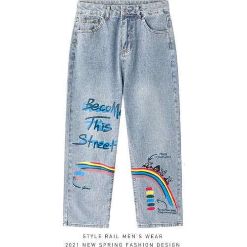 Blue Jeans Men Trend Denim Trousers Printed Design Washed Casual Loose Straight-leg Pants Mens Streetwear Spring Summer Hip Hop