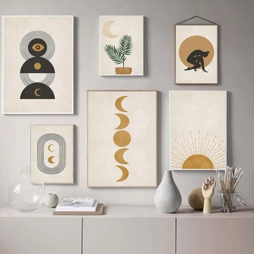 Boho Sun And Moon Canvas Print Mid Century Modern Geometry Wall Art Painting Leaf Lady Body Poster Wall Pictures Home Decoration
