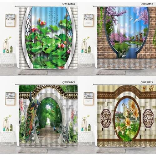Classical Chinese Style Arches Landscape Shower Curtains Hook Bathroom Curtain Home Background Wall Decor Bathroom Products