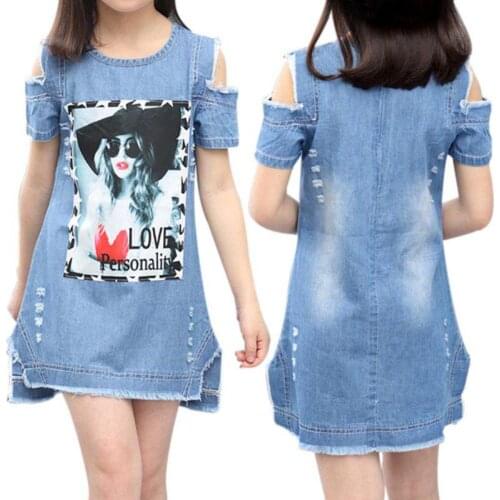 2021 Summer Cotton Children Dresses For Girls Casual Denim Strapless Dress Girls Teenage Cartoon Pattern Girls Denim Clothes
