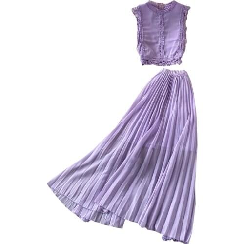 Summer 2 piece sets Women Skirt Suits Sexy Lace Crop Top+High Waist Pleated Chiffon Long Skirt Two Piece Set