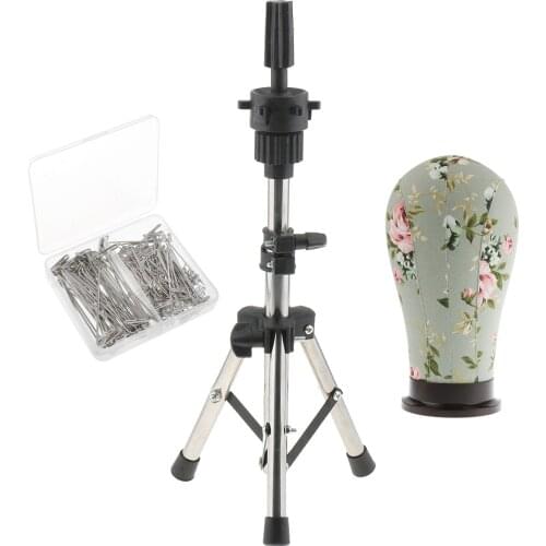 22' Mannequin Model Cork Canvas Block Head & Tripod Manikin Holder Stand with 150pcs 38mm / 51mm T Pins for Wig Making Display
