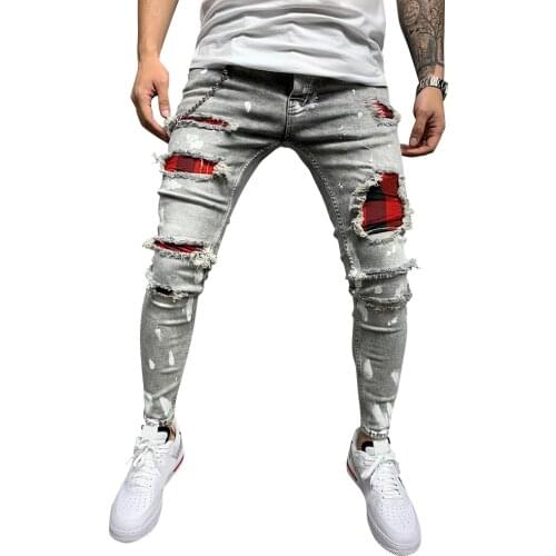 Men Quilted Embroidered Jeans Skinny Spliced Ripped Grid Pencil Pants Stretch Denim Pants Mid Waist Patchwork Denim Trousers