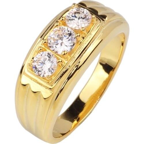 Men Jewelry Gold Color Sterling Silver Ring 925 3-stone CZ Anillo Hombre Size 10 to 13 R519G